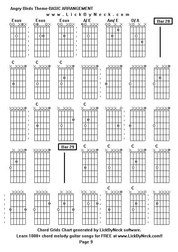 Chord Grids Chart of chord melody fingerstyle guitar song-Angry Birds Theme-BASIC ARRANGEMENT,generated by LickByNeck software.